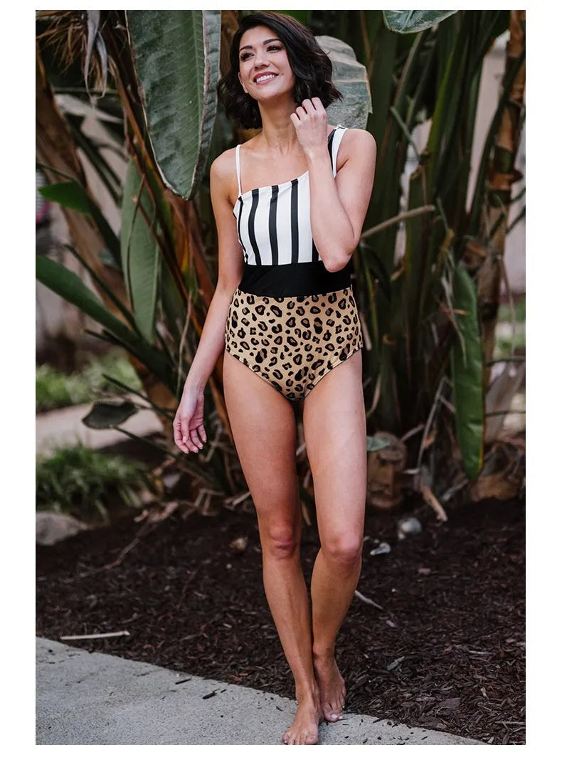 Leopard print women's one-piece swimsuit with asymmetric collar and high waist