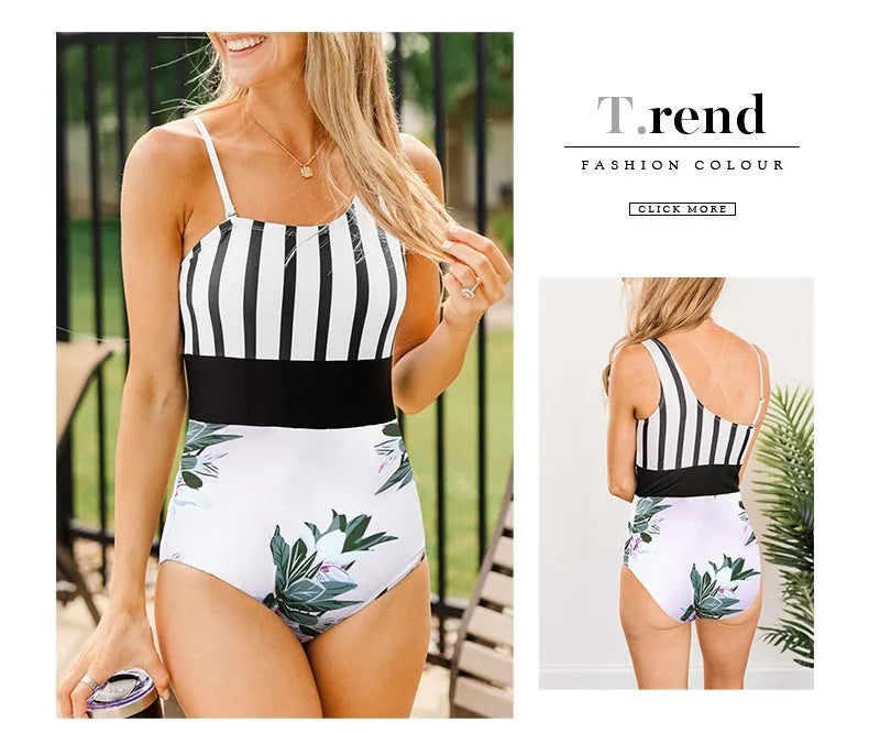 Leopard print women's one-piece swimsuit with asymmetric collar and high waist