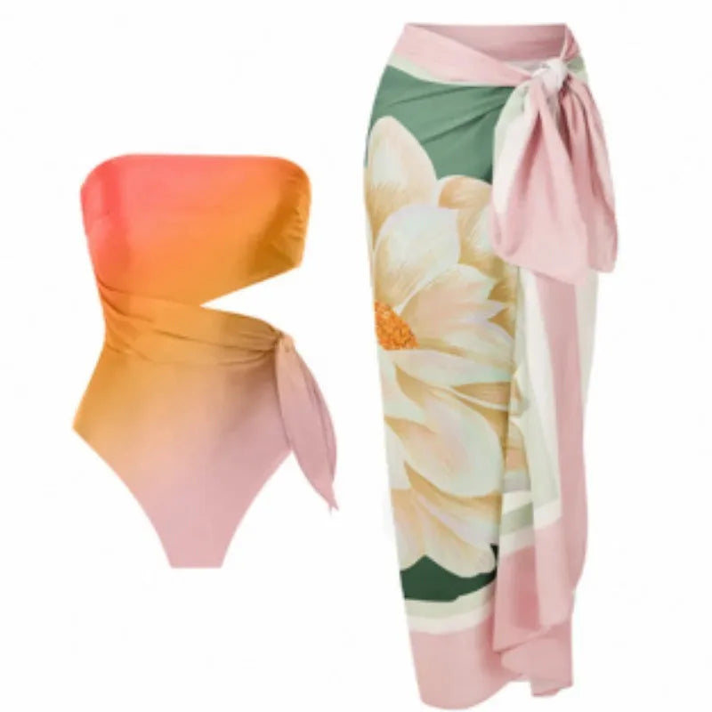 Women's retro French-style printed one-piece swimsuit on a mannequin