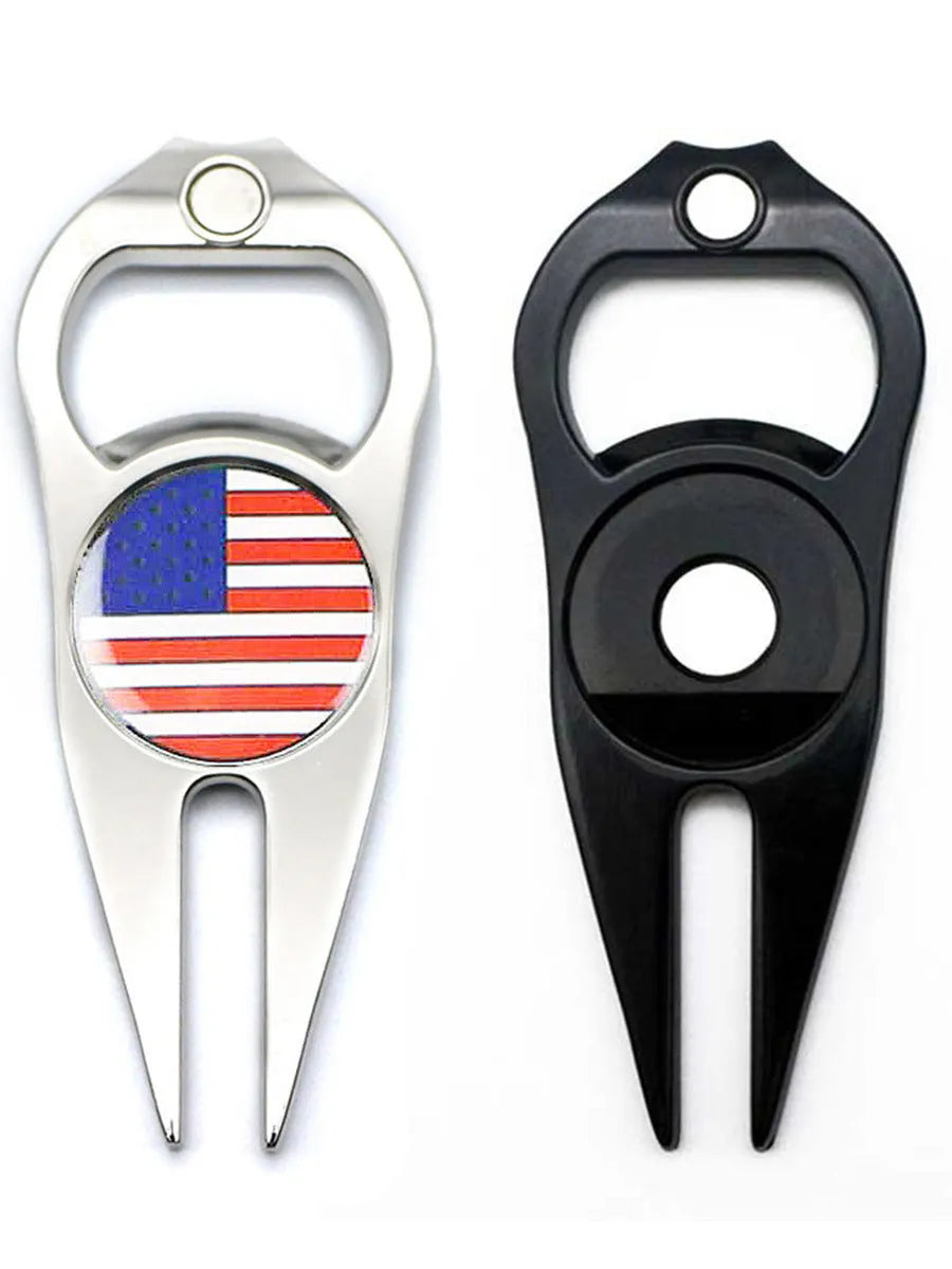 Zinc alloy golf ball yoke bottle opener tool in black, green, or silver with 88 x 35mm dimensions