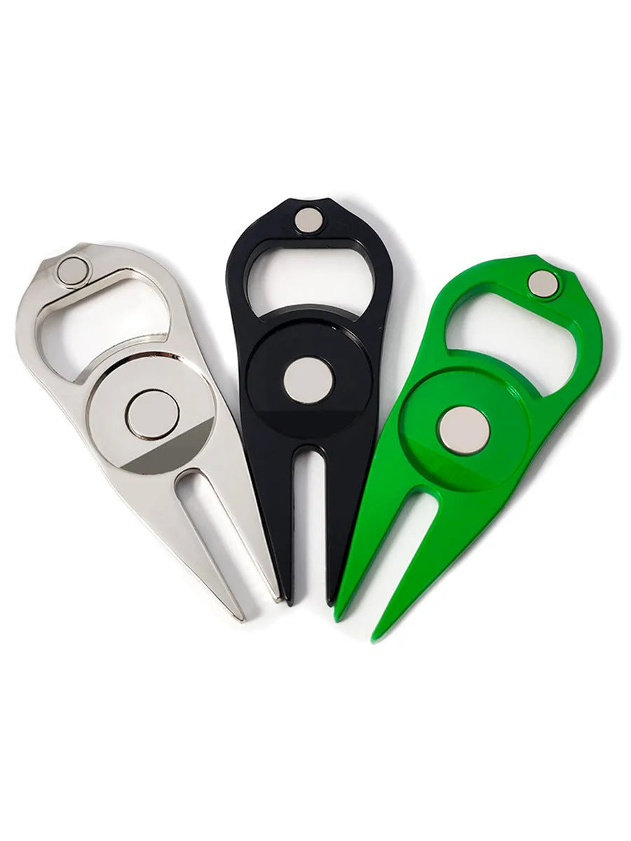 Zinc alloy golf ball yoke bottle opener tool in black, green, or silver with 88 x 35mm dimensions