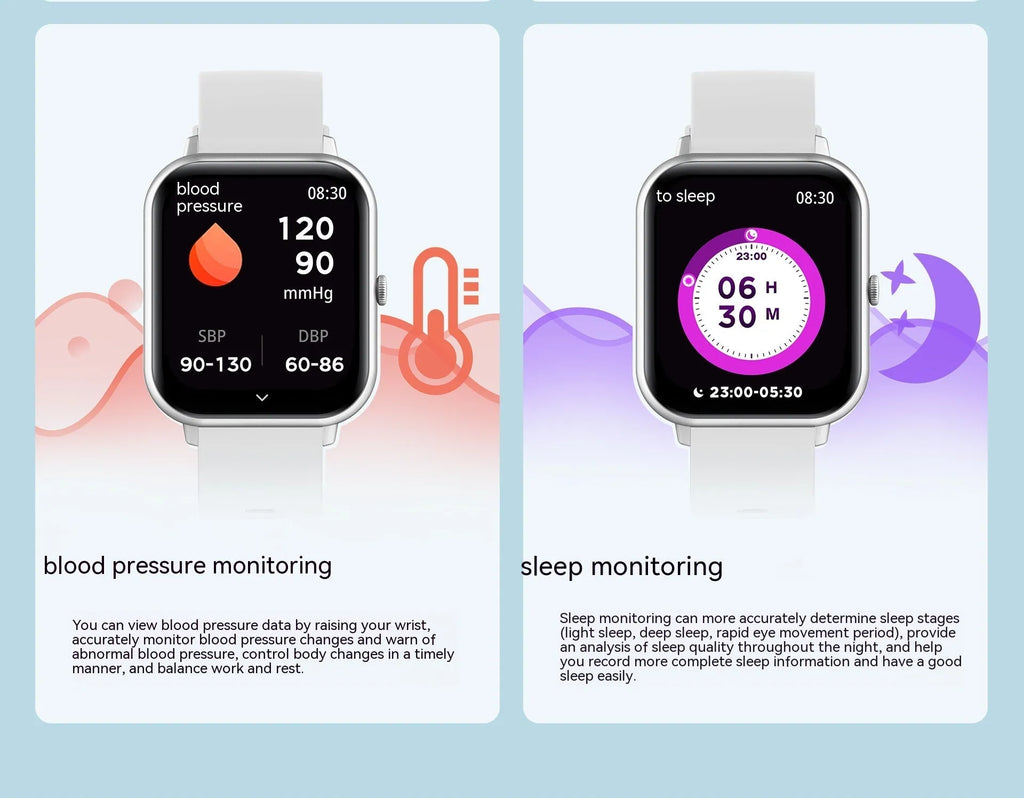 Bluetooth smart watch with AI voice control and heart rate monitor in black, silver grey, pink, or khaki colour.