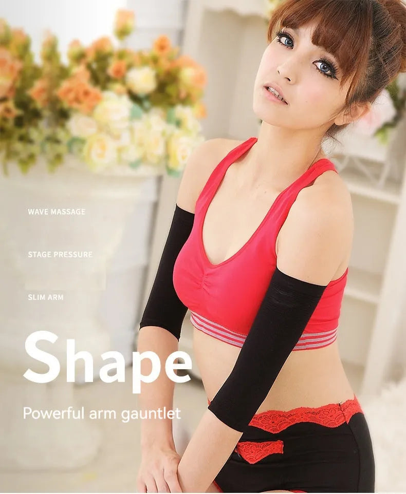 Pair of women's black nylon shaping sleeves for upper arm coverage.