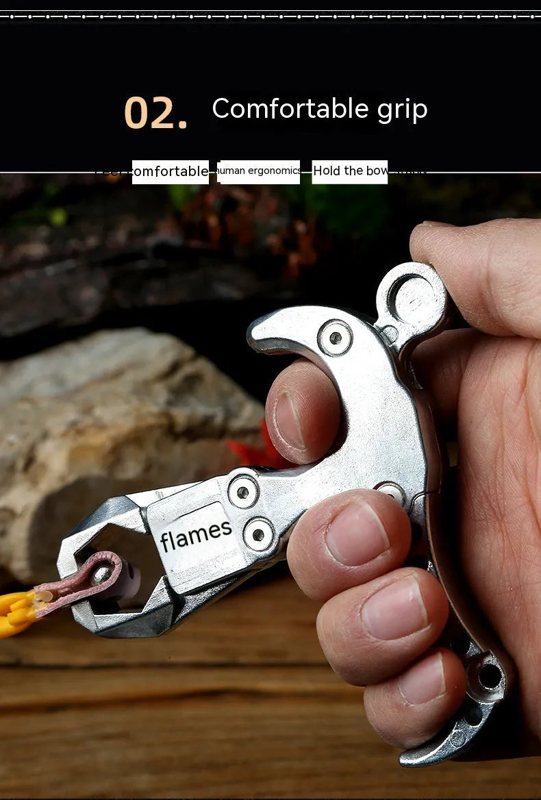 Zinc alloy archery release aid with a two-axis harpoon clip and adjustable fitting.