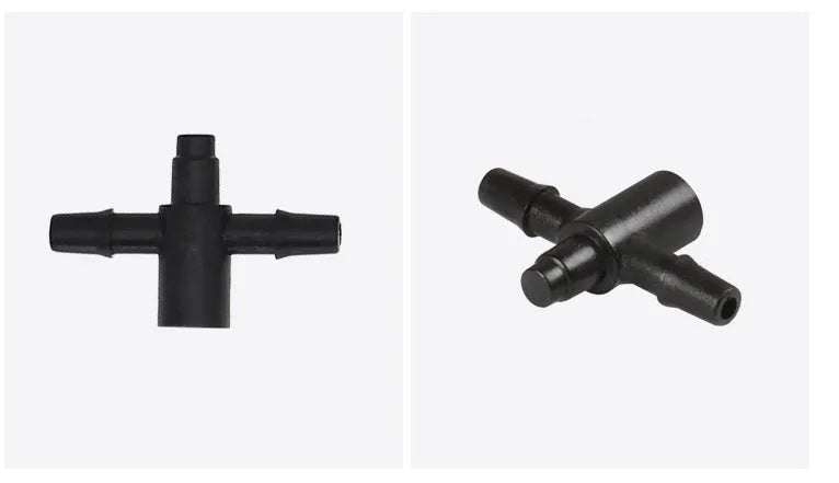 White PE plastic tee water distributor connector for garden irrigation micro spray systems.