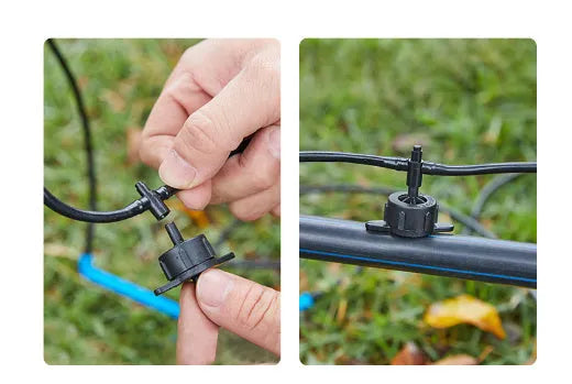 White PE plastic tee water distributor connector for garden irrigation micro spray systems.