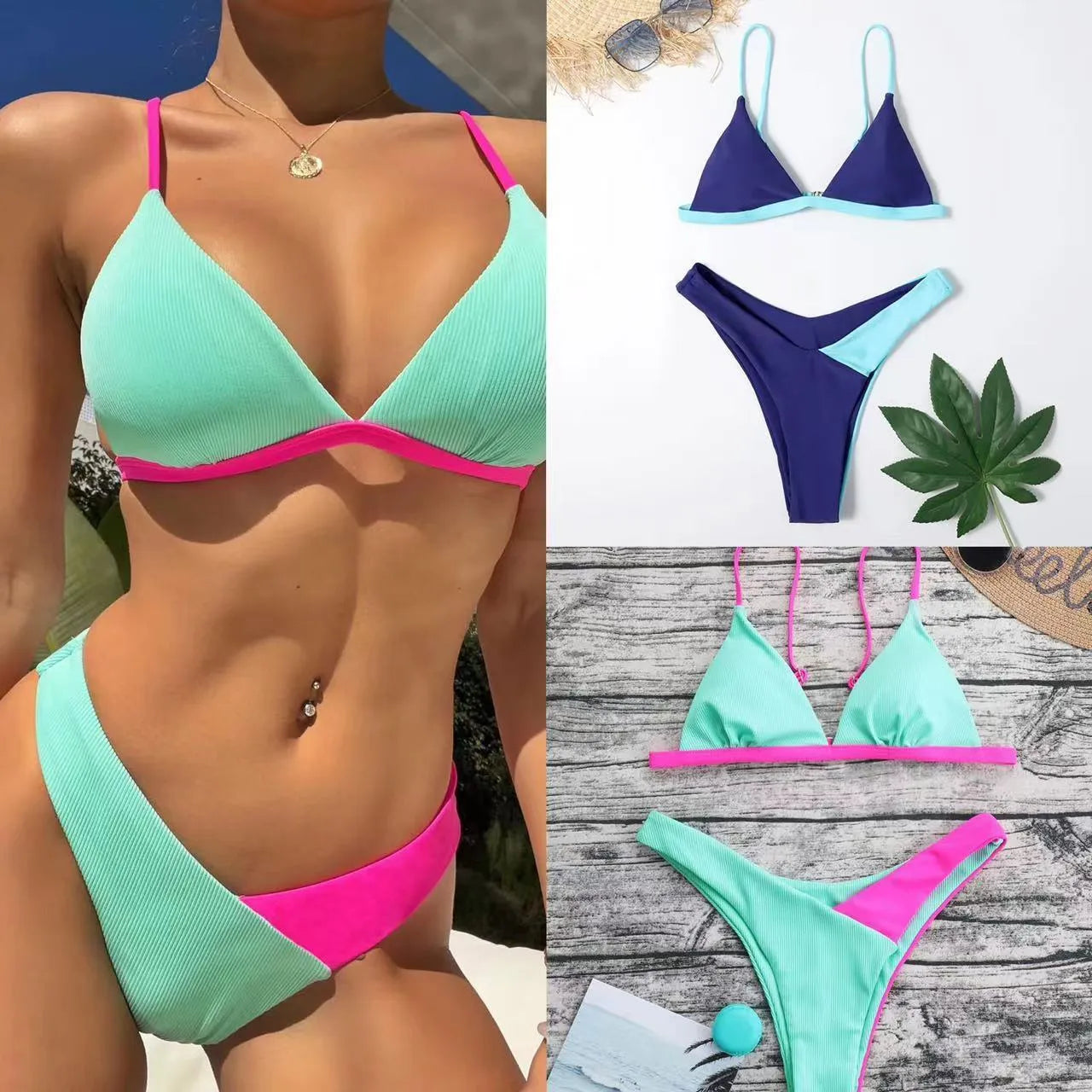 Women's patterned nylon bikini set with brief style bottoms on a white background.