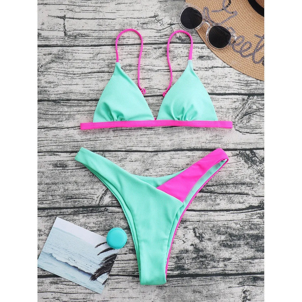 Women's patterned nylon bikini set with brief style bottoms on a white background.