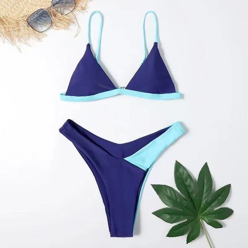 Women's patterned nylon bikini set with brief style bottoms on a white background.