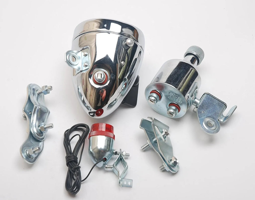 Silver bicycle dynamo generator light set with friction drive mechanism for front and rear lighting