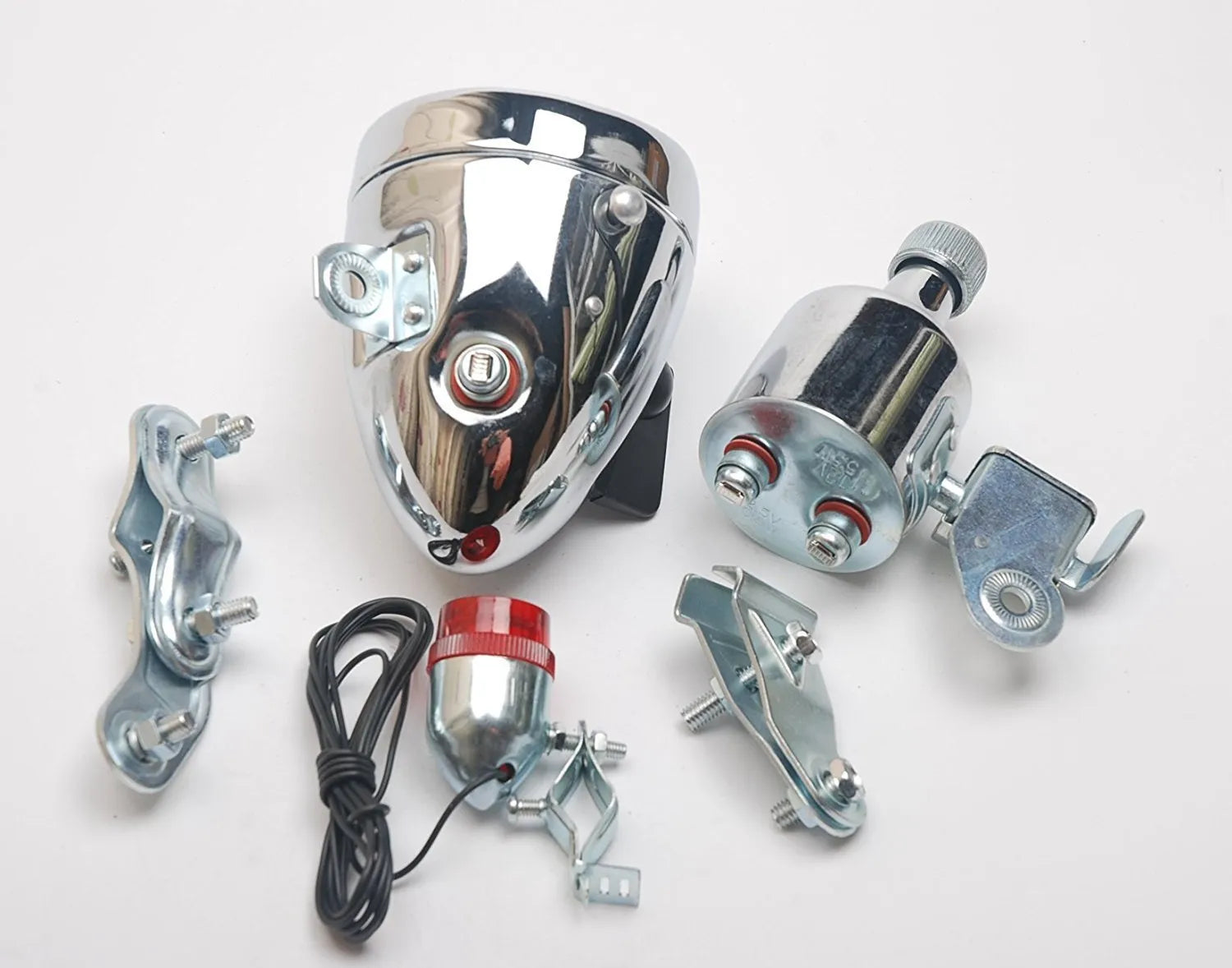 Silver bicycle dynamo generator light set with friction drive mechanism for front and rear lighting