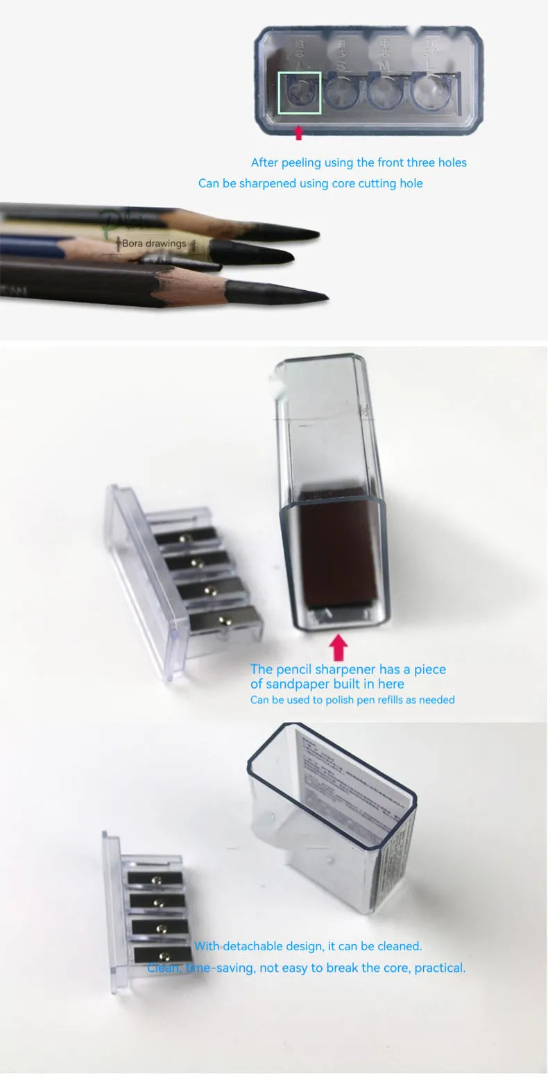 Geometric four-hole pencil sharpener with plastic construction for art and sketching