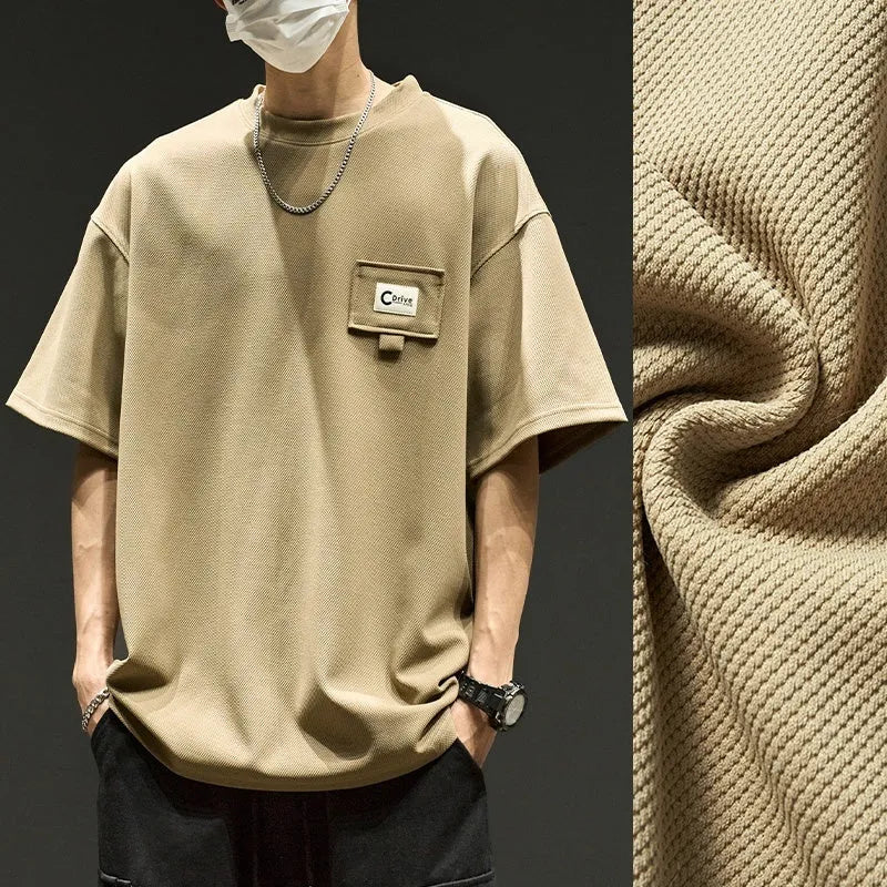 Waffle short sleeve men's t-shirt in apricot, casual round neck, non-iron polyester fabric, American summer style.