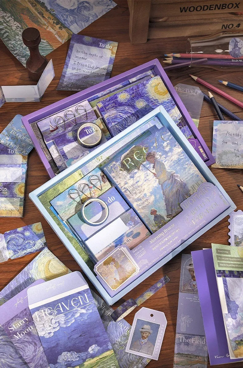 Creative journal gift box showing A6 plaid grid notebook with cards, envelopes, sticky notes, and paper craft accessories