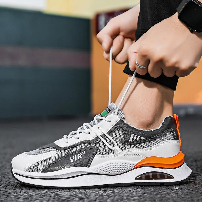 Men's grey mesh casual shoes with round toe and sewing thread details for summer running