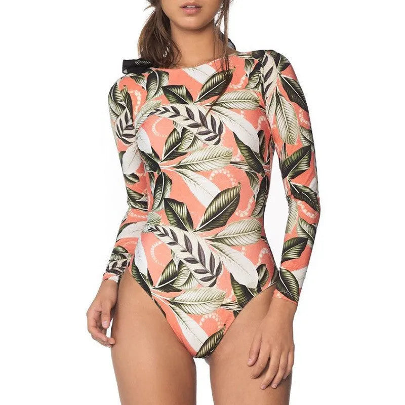 Women's backless one-piece swimsuit with leaf floral print for diving and swimming