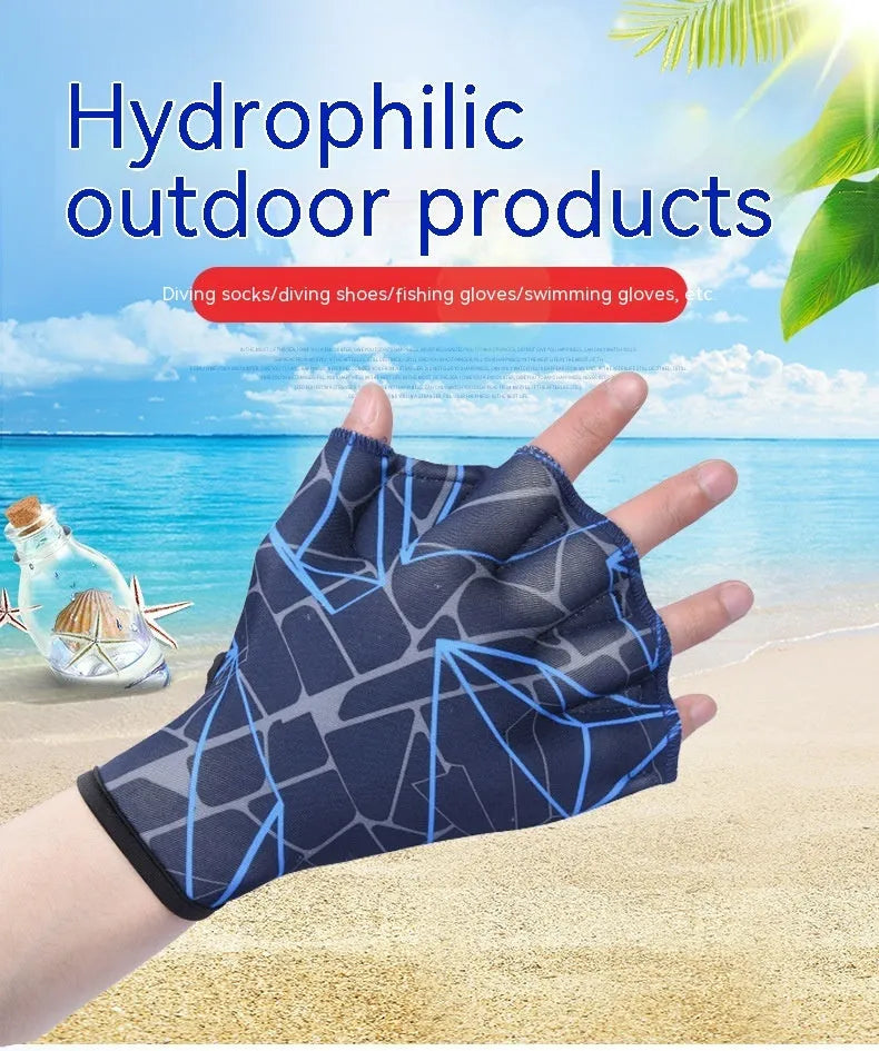 Green nylon duck feet webbed swimming gloves showing webbed design between fingers