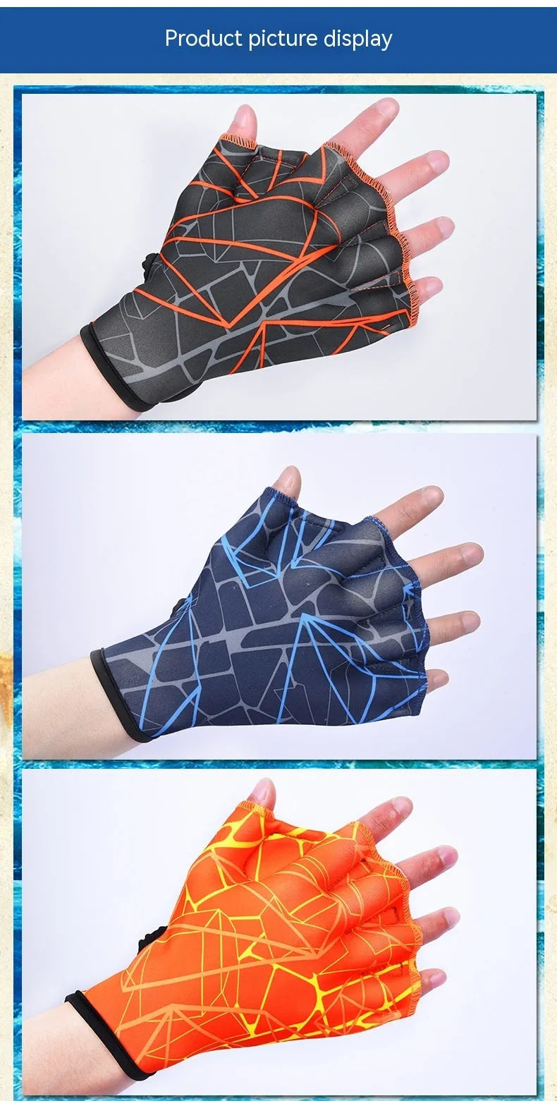 Green nylon duck feet webbed swimming gloves showing webbed design between fingers