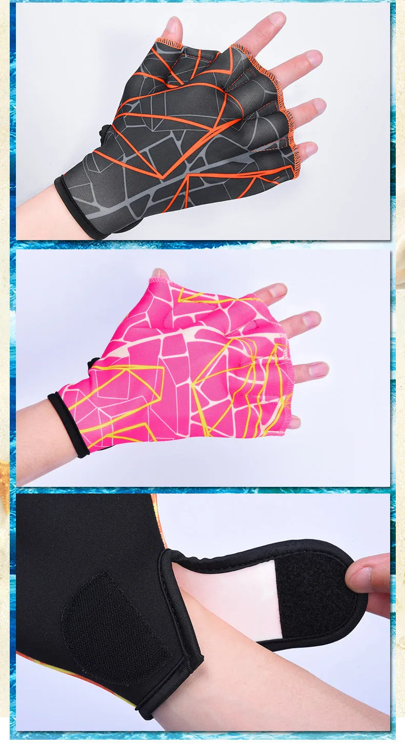 Green nylon duck feet webbed swimming gloves showing webbed design between fingers