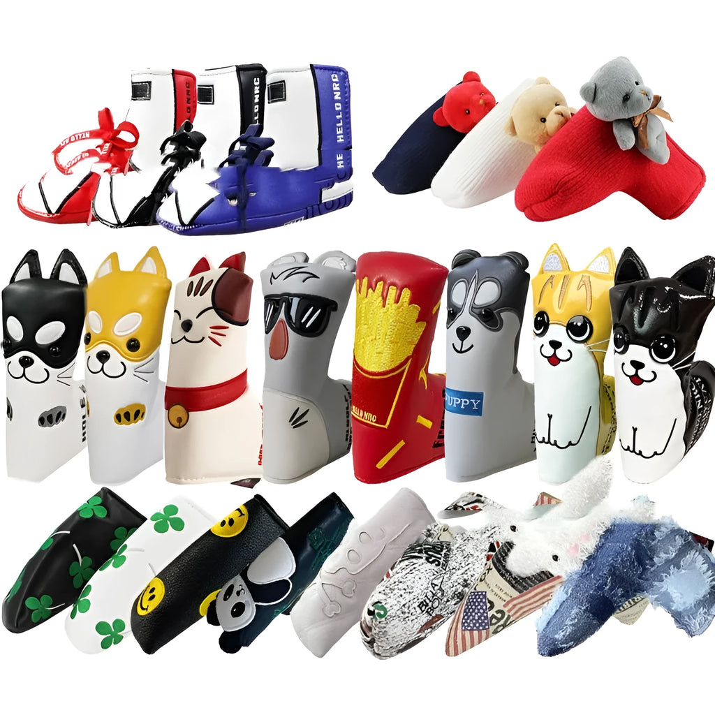 Golf straight bar putter sleeve in various colours including clover, bear, and Shiba Inu designs.