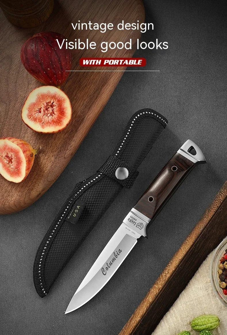 Camping stainless steel fruit knife with national style design in leather case