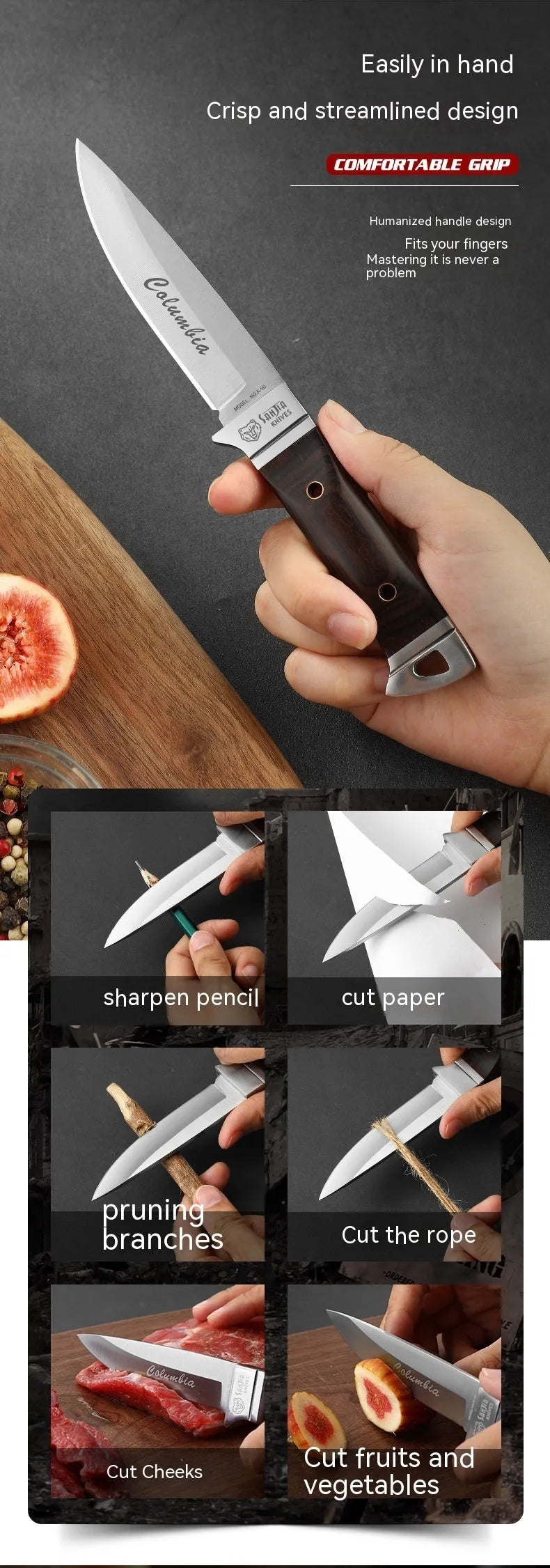 Camping stainless steel fruit knife with national style design in leather case