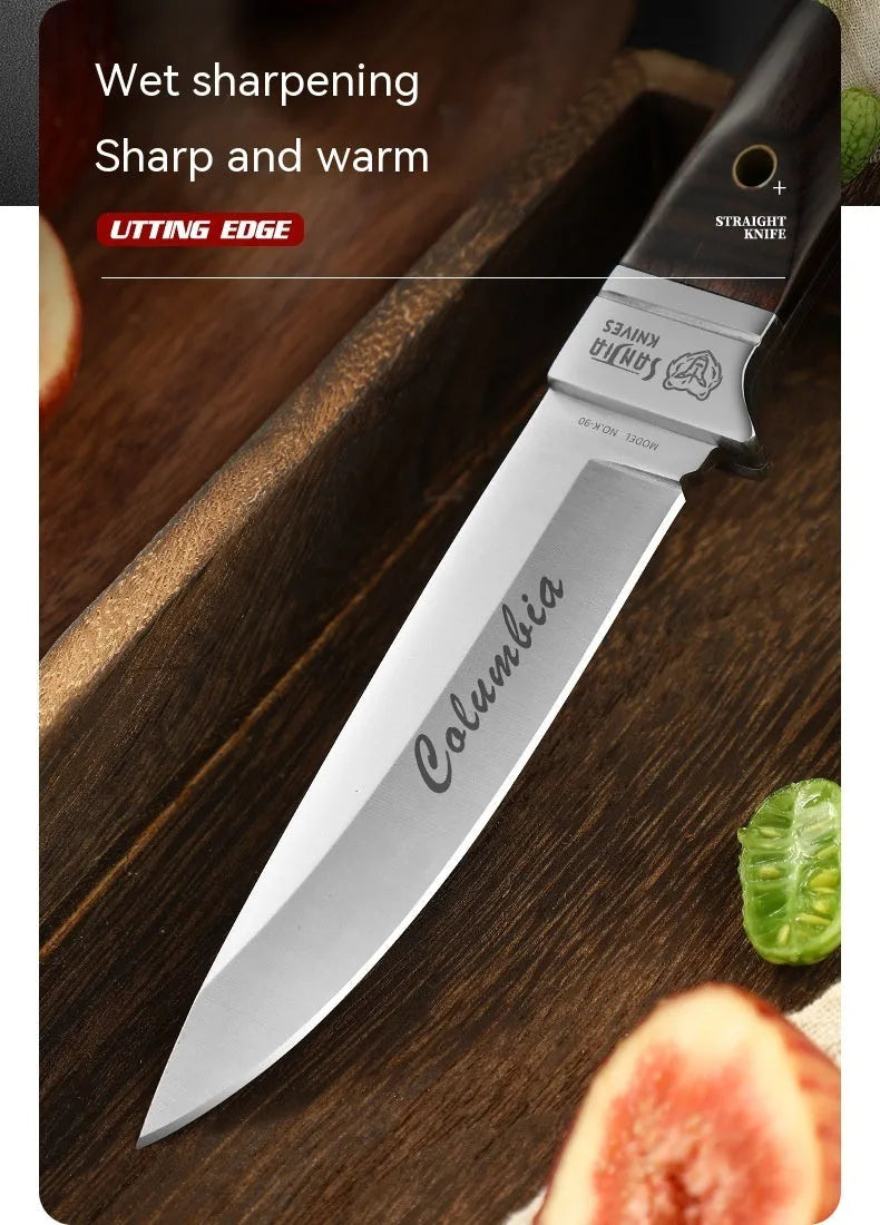 Camping stainless steel fruit knife with national style design in leather case