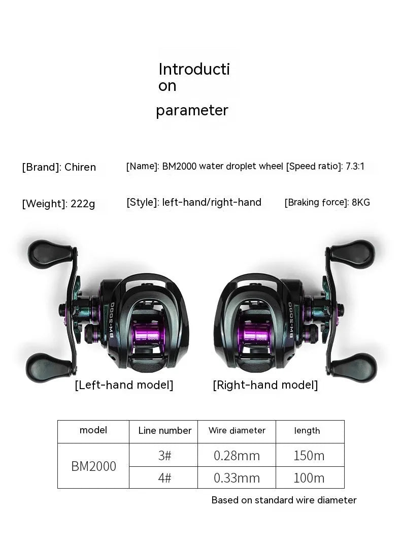BM2000 water drop fishing reel with colourful finish and magnetic brake system