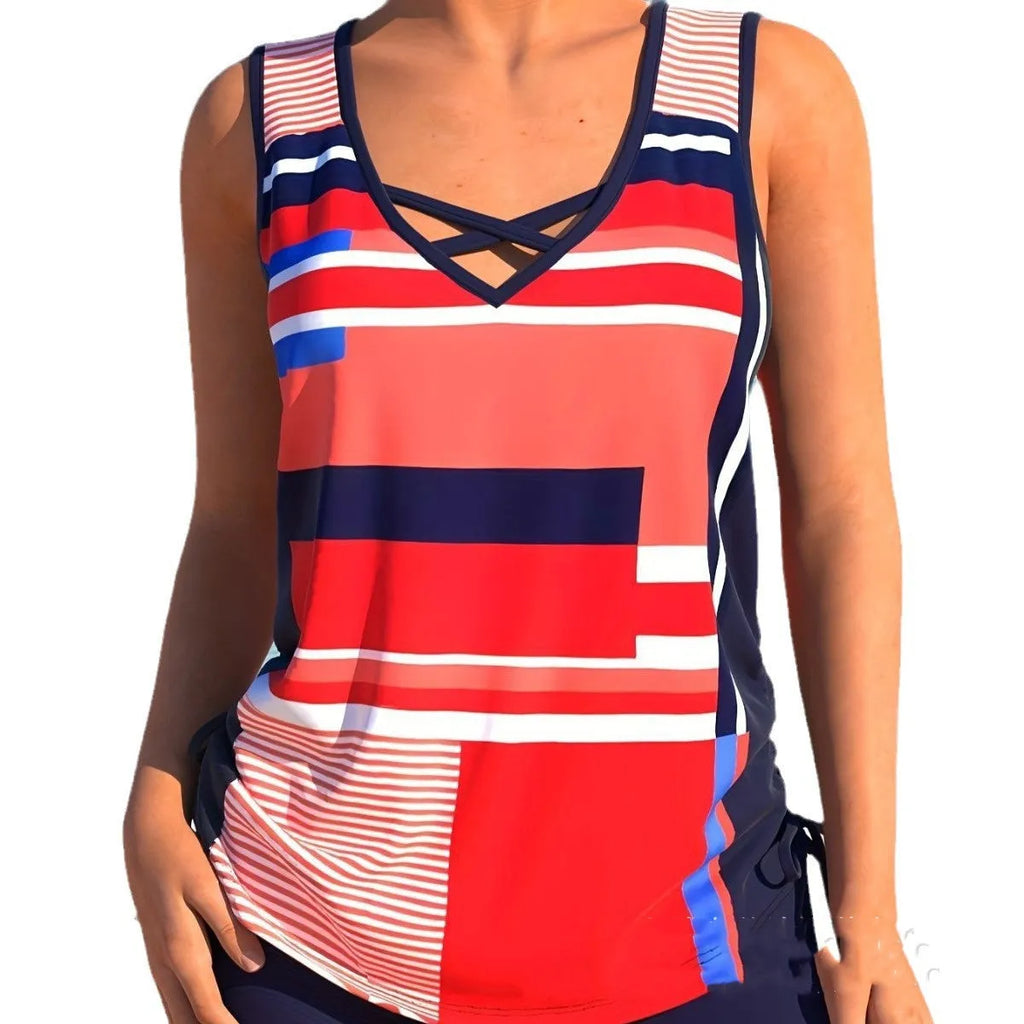 Women's printed boxer-style swimsuit set with matching top and shorts on a neutral background.