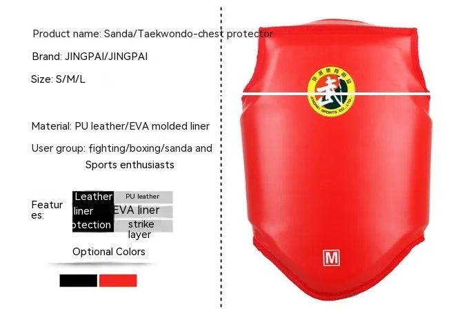 Red adult boxing helmet and one-piece chest protector set for martial arts training
