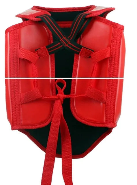 Red adult boxing helmet and one-piece chest protector set for martial arts training
