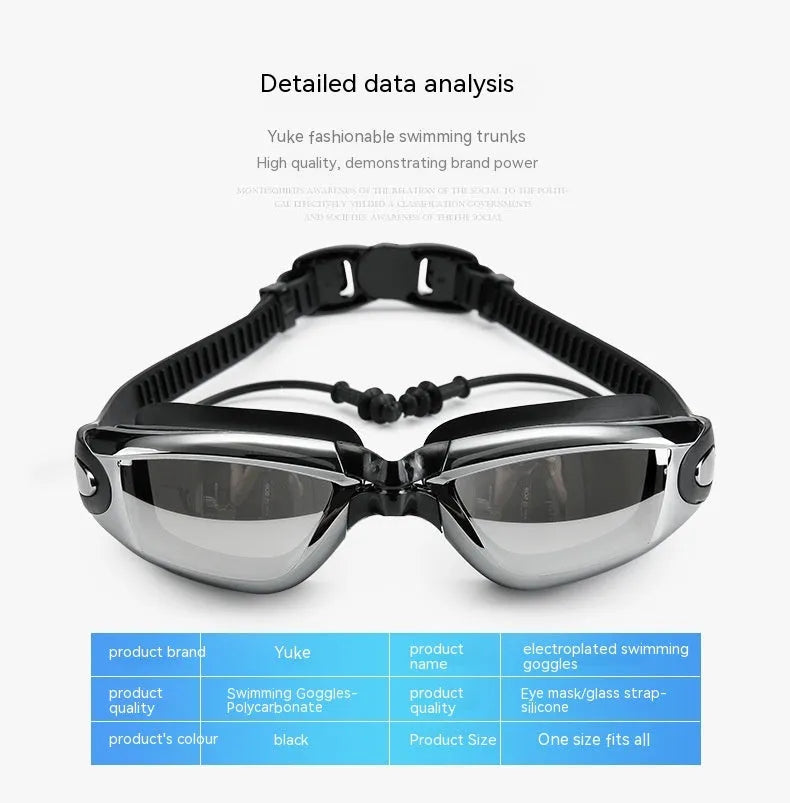 Men's black five-piece swimming set with trunks, goggles, waterproof cap, earplugs, nose clip, and carry bag.