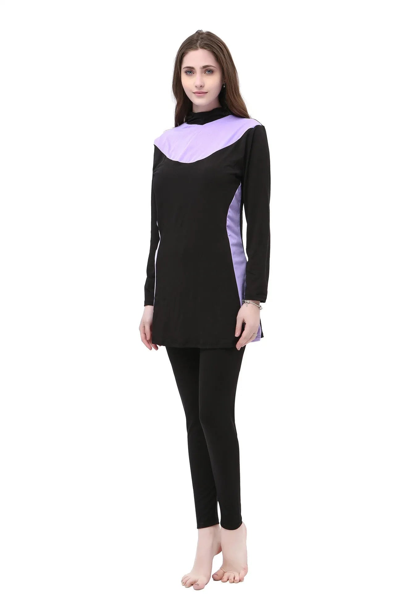 Conservative black women's swimsuit with long sleeves, a hood, and matching pants.