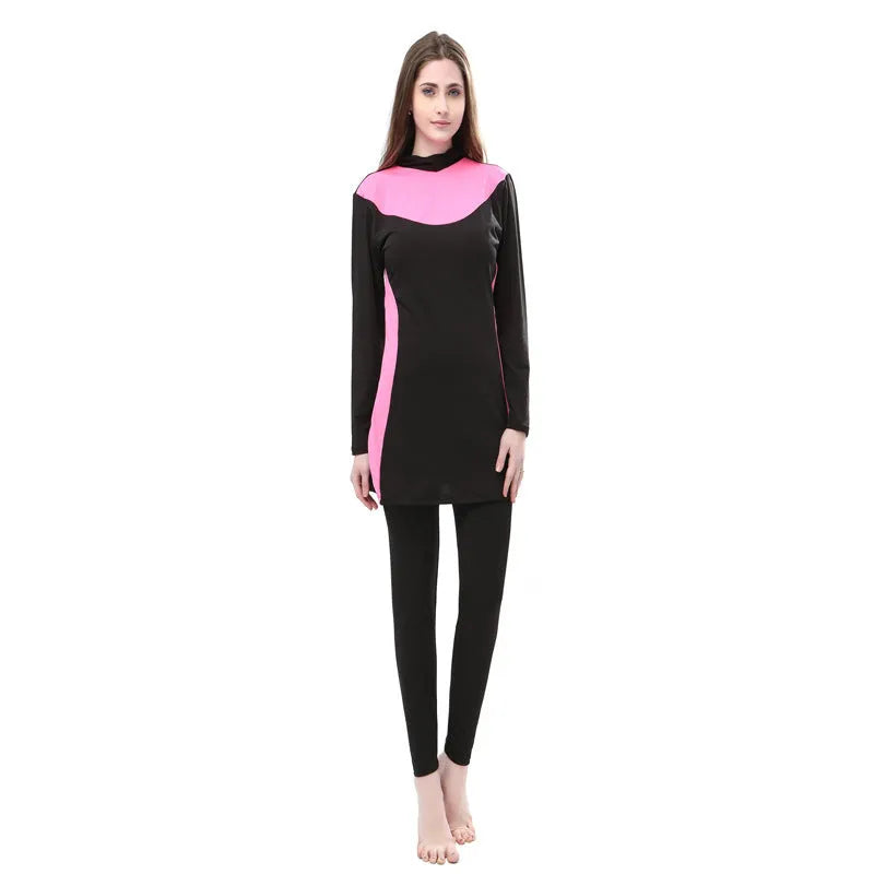 Conservative black women's swimsuit with long sleeves, a hood, and matching pants.