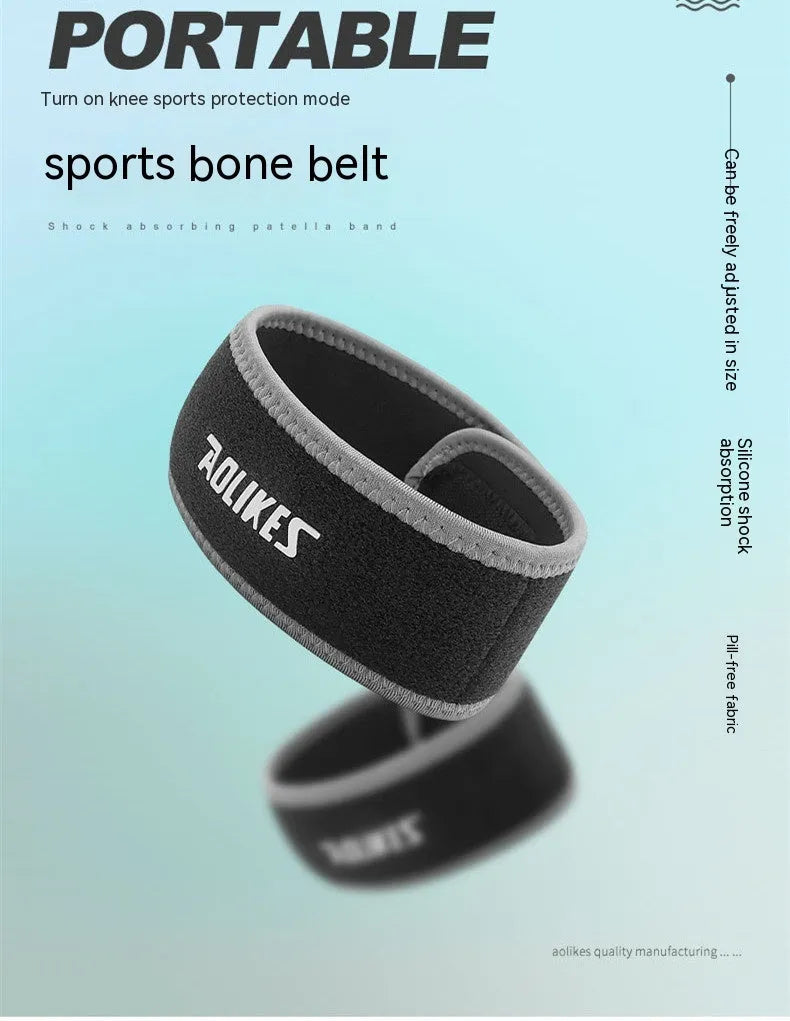 Black and grey patella retinaculum knee support for adult sports.