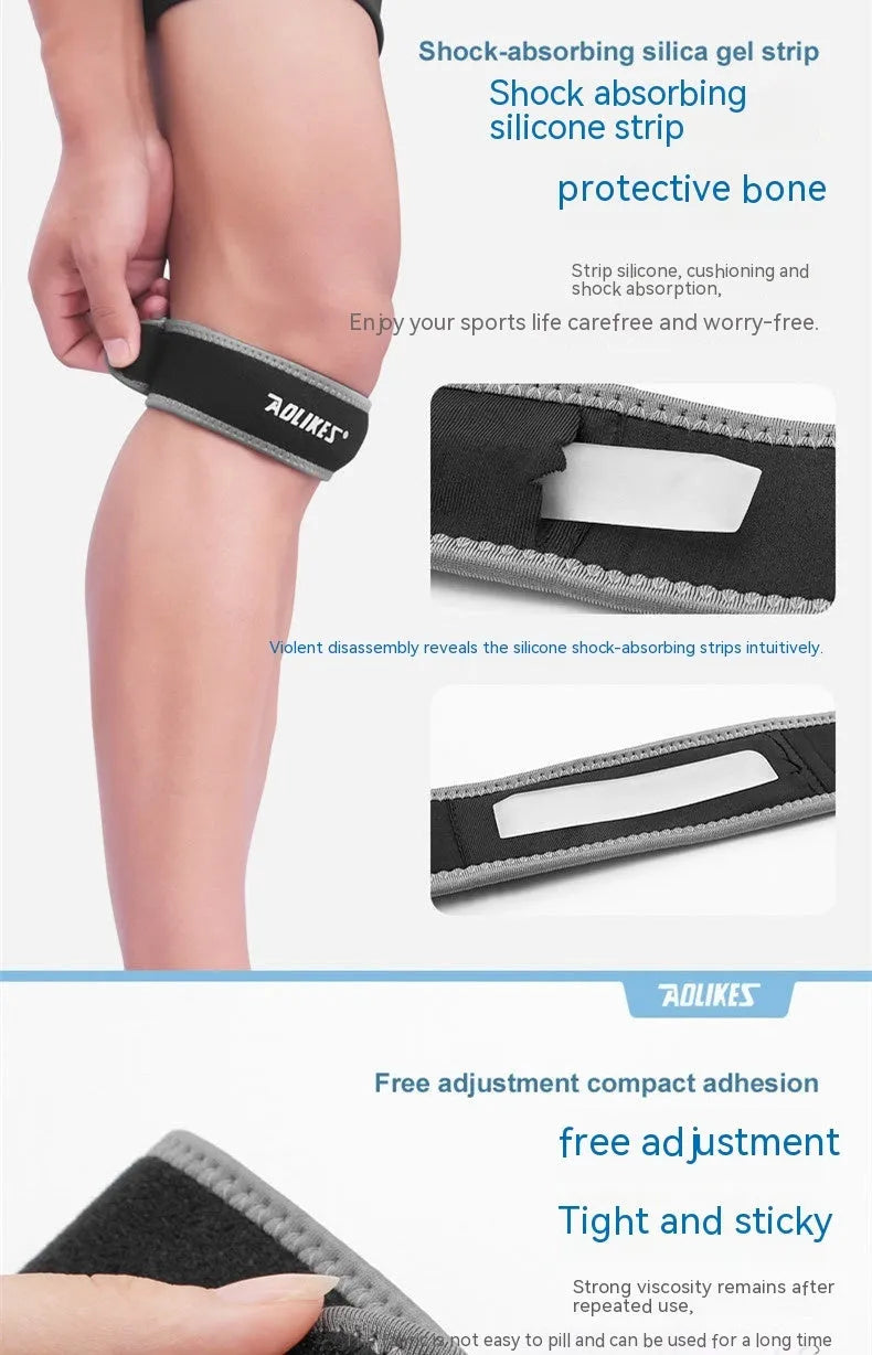 Black and grey patella retinaculum knee support for adult sports.