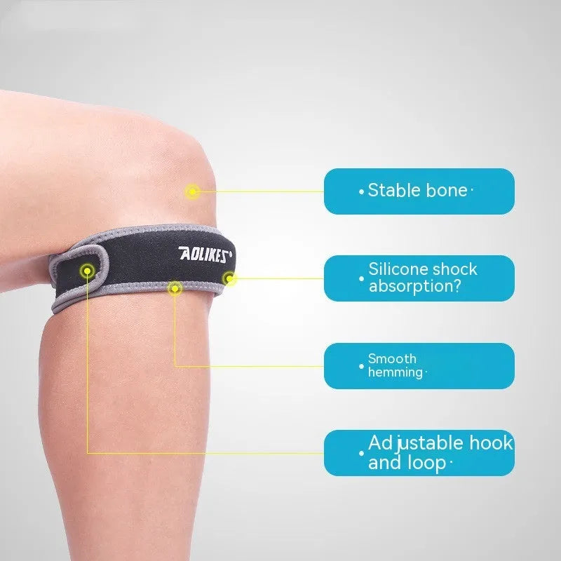 Black and grey patella retinaculum knee support for adult sports.