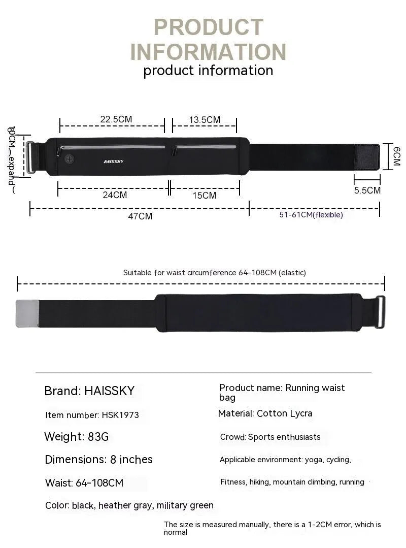 Waterproof 8-inch outdoor sports waist bag in chinlon Lycra material with anti-theft features