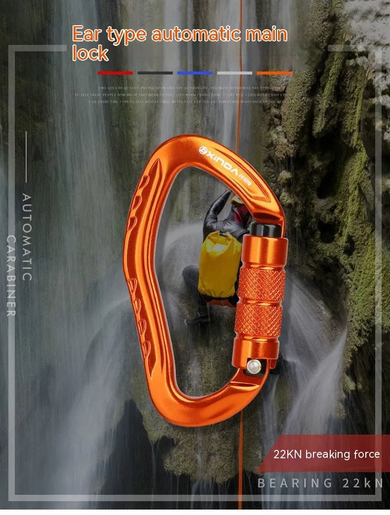 Automatic master lock climbing carabiner hook in colours black, blue, orange, red, silver.