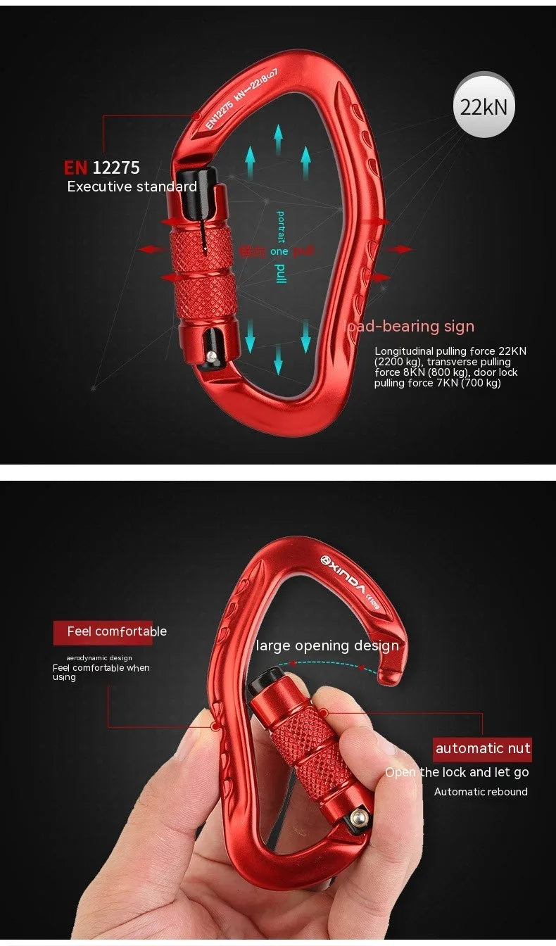 Automatic master lock climbing carabiner hook in colours black, blue, orange, red, silver.