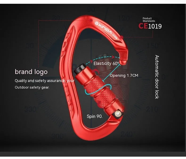 Automatic master lock climbing carabiner hook in colours black, blue, orange, red, silver.