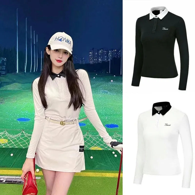 Women's white long sleeve polyester golf top with slim sportswear fit for outdoor activities