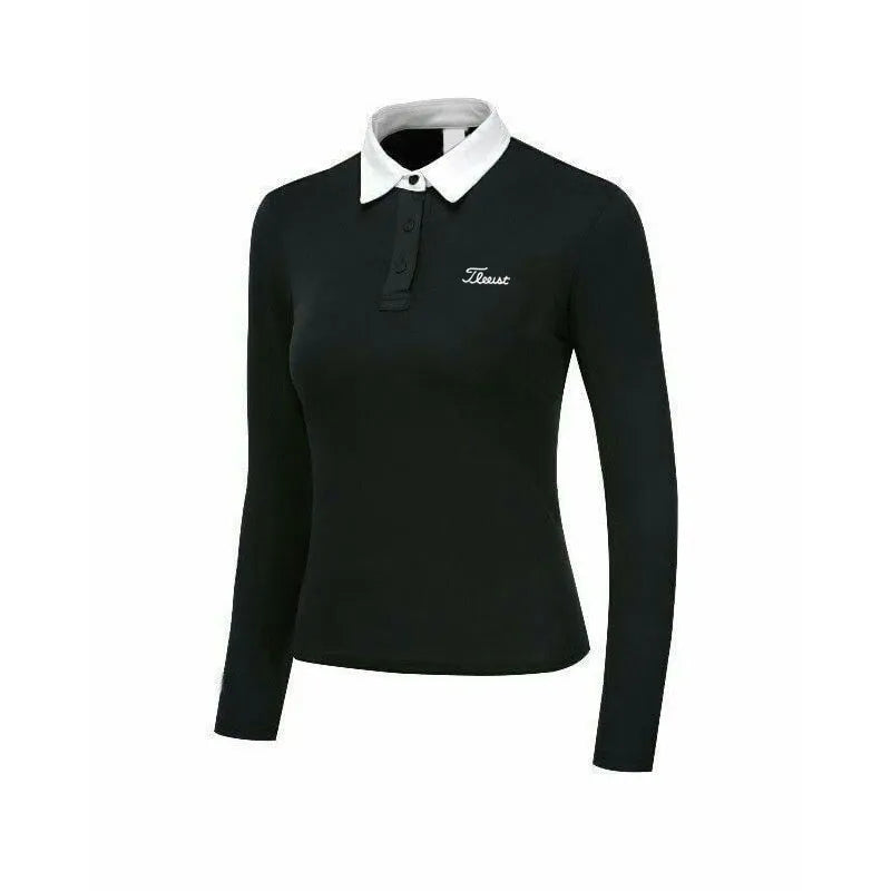 Women's white long sleeve polyester golf top with slim sportswear fit for outdoor activities
