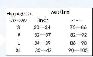 Black cycling hip protection pants showing hip padding areas and four size options