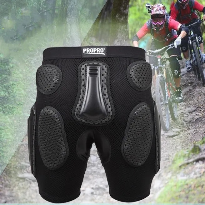 Black cycling hip protection pants showing hip padding areas and four size options