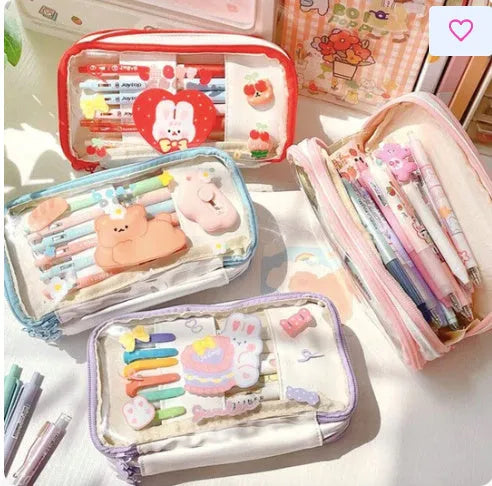 Transparent heart-themed pen case in pink cake rabbit or red love rabbit colour, showing Korean style design