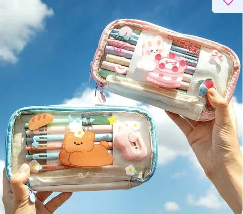 Transparent heart-themed pen case in pink cake rabbit or red love rabbit colour, showing Korean style design