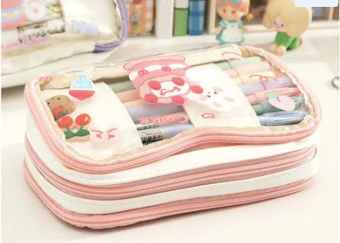 Transparent heart-themed pen case in pink cake rabbit or red love rabbit colour, showing Korean style design