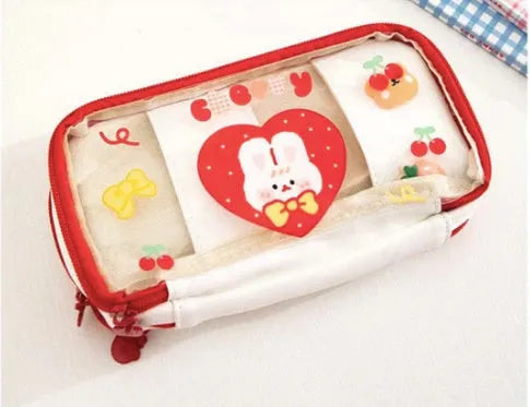 Transparent heart-themed pen case in pink cake rabbit or red love rabbit colour, showing Korean style design