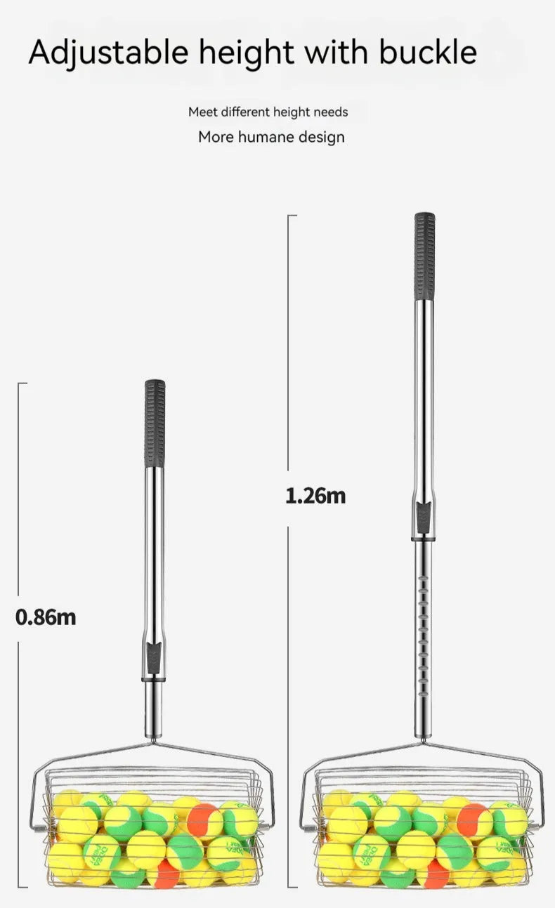 Stainless steel tennis ball picker with large adjustable roller, shown in classic and extra large capacity styles.